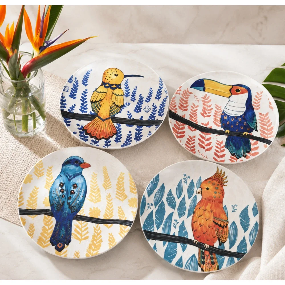 Pier 1 Tropical Birds 8” Salad Plates Set of 4 Colorful Stoneware Resort Style